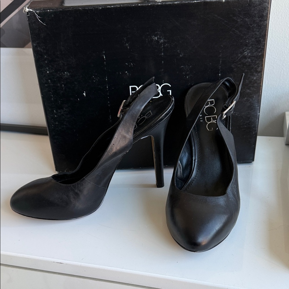 BCBG Black Leather Slingback Heels